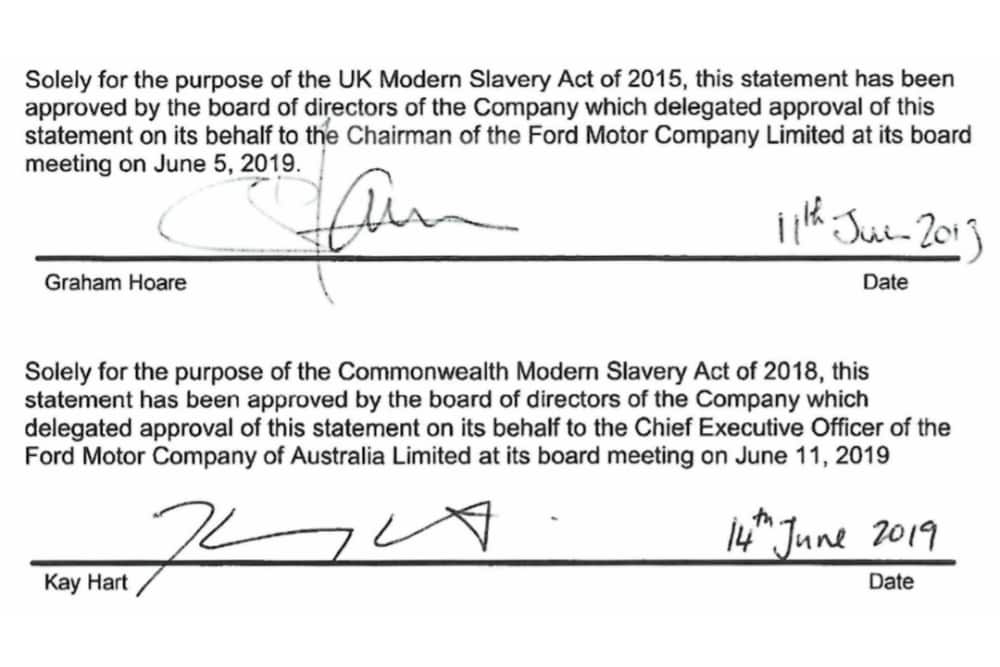 Slavery Statement sigantures