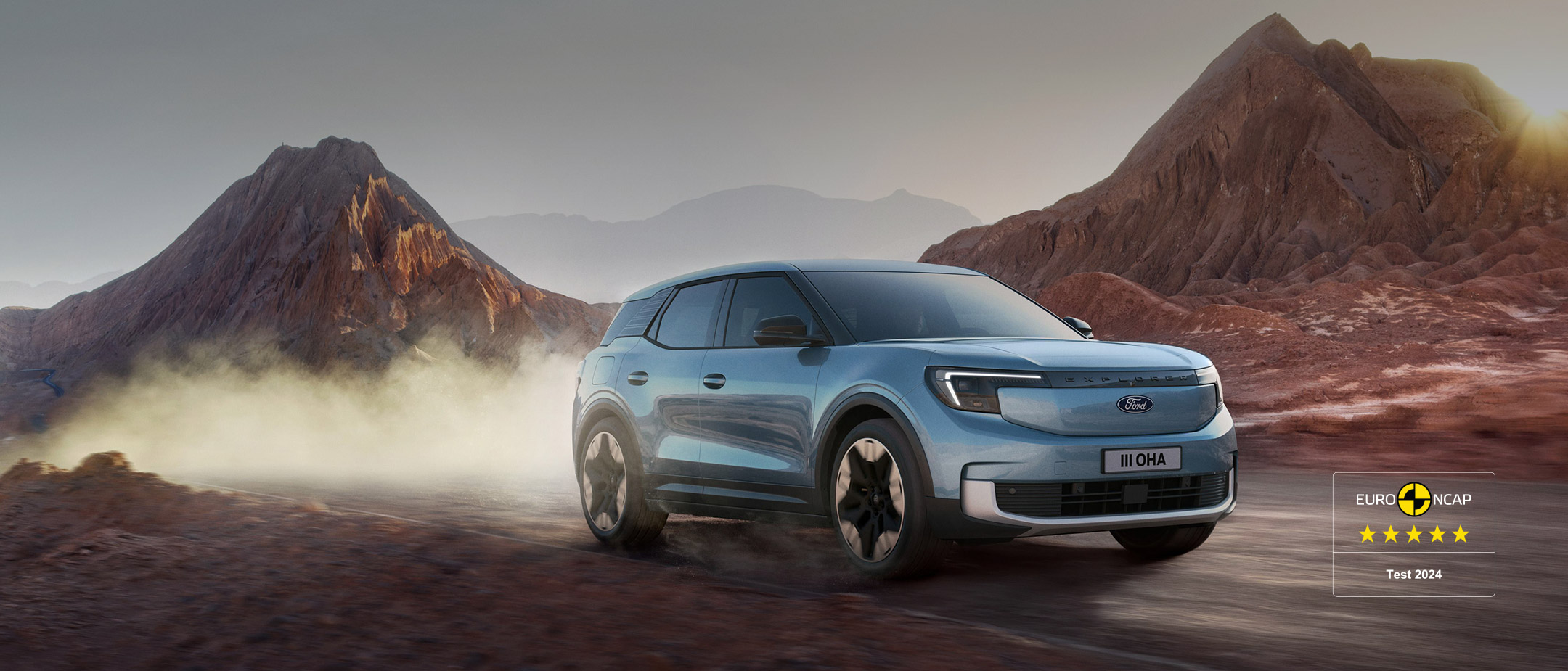 The New All-Electric Explorer being driven through wild landscape