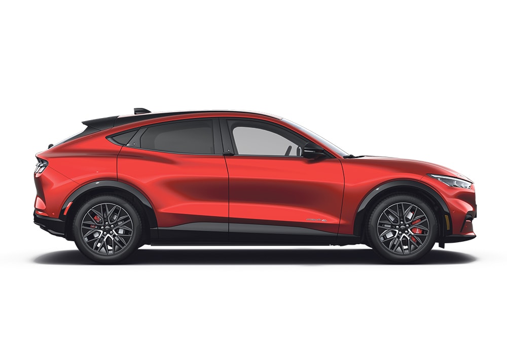 Red Ford Mustang Mach-E, part of the Ford SUV range.