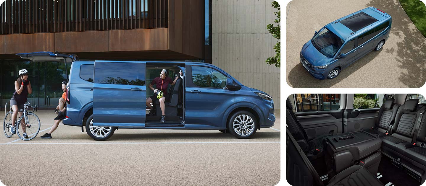 Blue Ford Tourneo Custom van parked with its side doors open and people with bikes nearby.