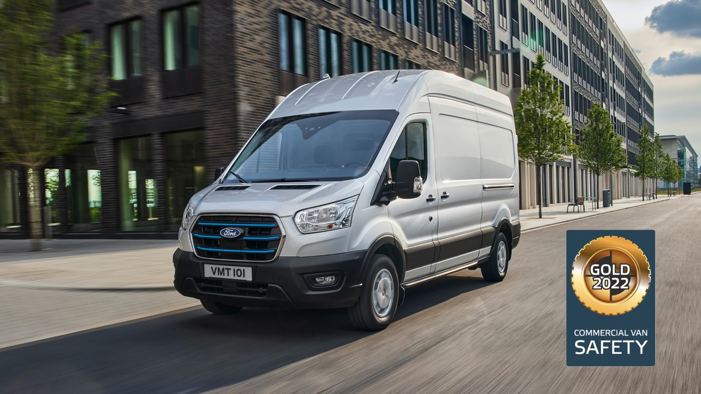 Ford E-Transit driving on city road