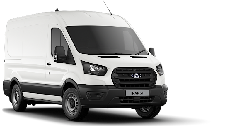 Frozen White Ford Transit Leader exterior front angle